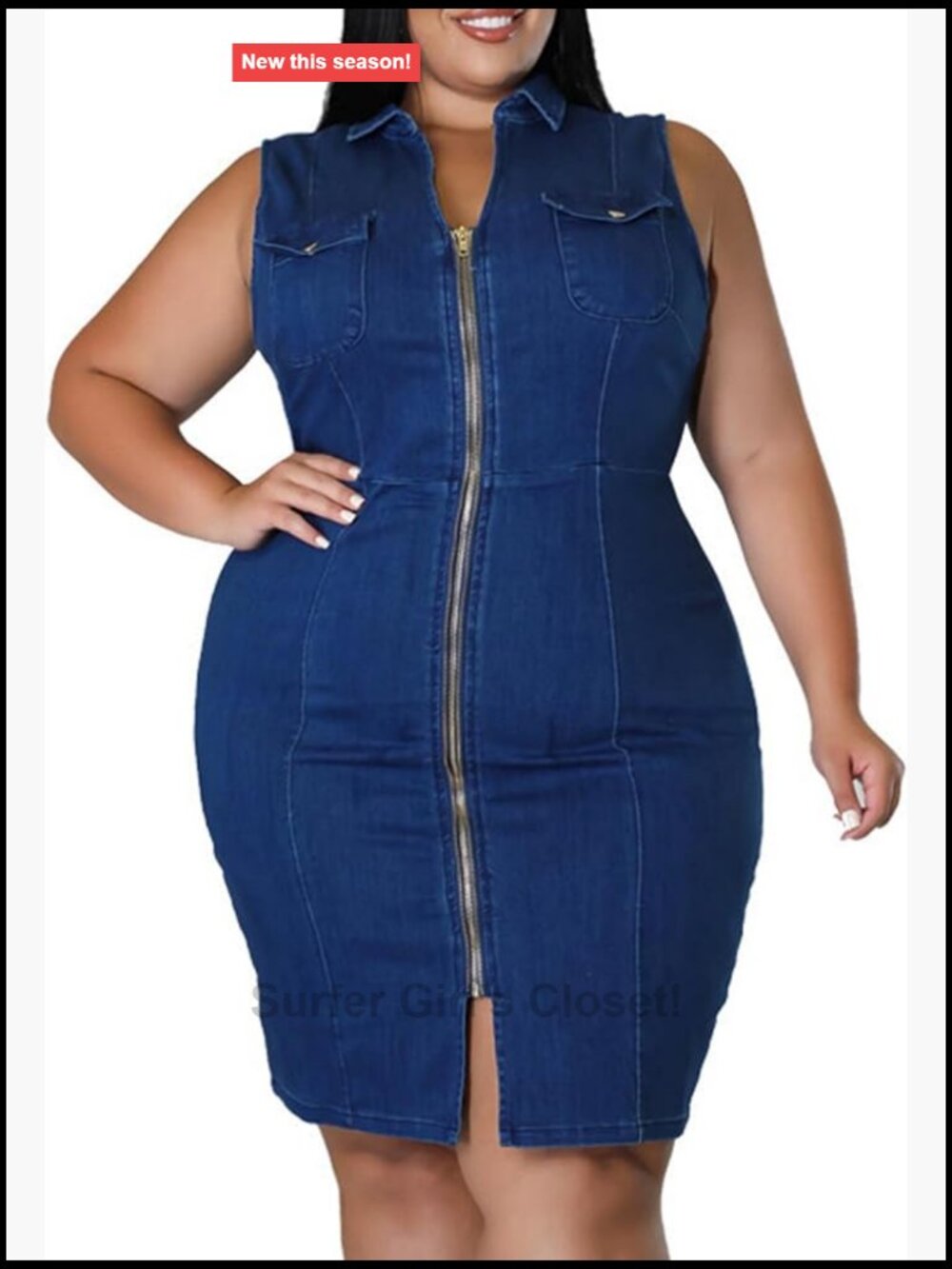 Sleeveless Bodycon Denim Dress with Full Zipper V-Neck Plus Size Mini Dress